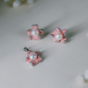 Orange Floral Pendant Earrings Set with Chain