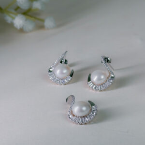 Baguette Pave Swirl Pendant Earrings Set With Chain